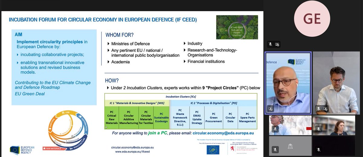 🎙️Giuseppe D'Aquino and Elena Garbarino of @EDA at webinar organised by Textile ETP inviting #textile experts to join the eda.europa.eu/ifceed project to explore #circularity of advanced textile #materials  including e-textiles in the #European #defence sector