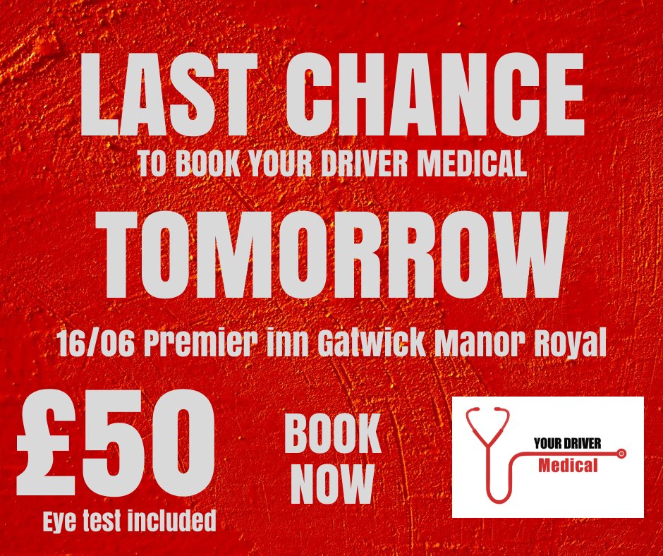 We have appointments  at #gatwick Premierinn Manor Royal. Get your #dvla HGV Driver medical done tomorrow. Ideal for #london #surrey and #SouthEast #Transport businesses. Suitable for #hgv #taxi and #BusDriver customers Book your #group2 medical at yourdrivermedical.co.uk