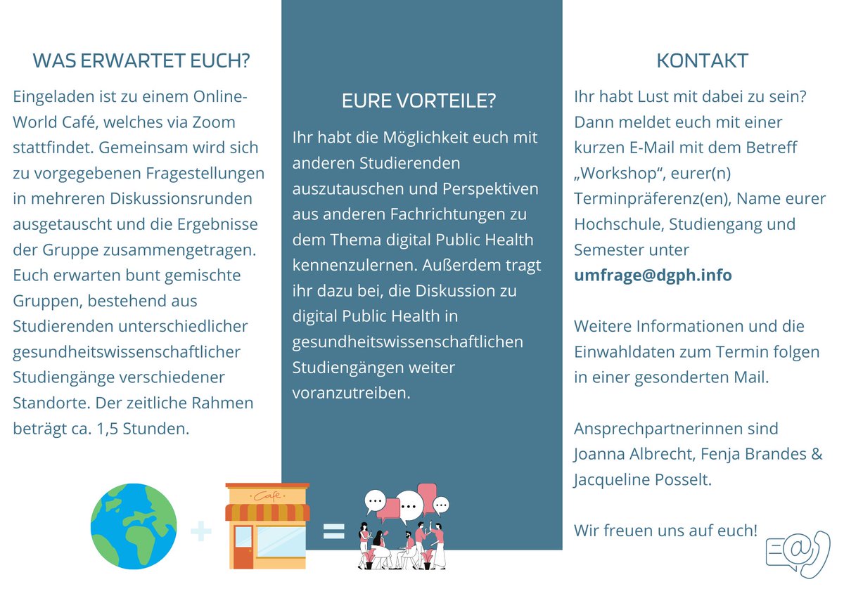 DGPH Fachbereich Studierende (@dgph_studis) on Twitter photo #Studis in #PublicHealth aufgepasst, eure Meinung ist gefragt! Wir veranstalten eine Workshopreihe zum Thema #digitalPublicHealth im Studium und ihr seid herzlich eingeladen. Interesse? Kurze Mail mit dem Lieblingstermin an umfrage@dgph.info ✉️
Wir freuen uns! #Studis in #PublicHealth aufgepasst, eure Meinung ist gefragt! Wir veranstalten eine Workshopreihe zum Thema #digitalPublicHealth im Studium und ihr seid herzlich eingeladen. Interesse? Kurze Mail mit dem Lieblingstermin an umfrage@dgph.info ✉️
Wir freuen uns!