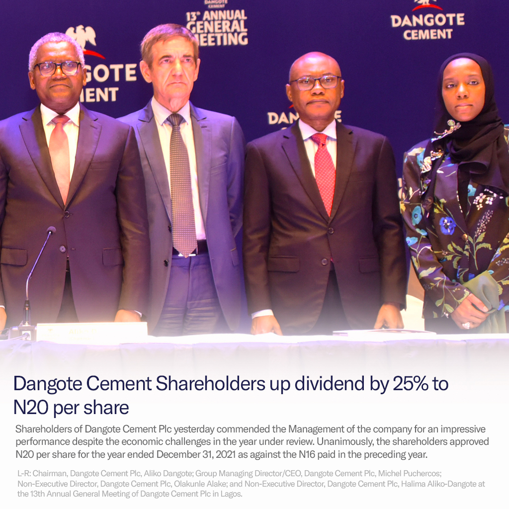 DangoteGroup's tweet photo. Dangote Cement Shareholders up dividend by 25% to N20 per share
#Dangote #DangoteCement #BuildWithPeaceOfMind https://t.co/z8uyXOoTwt