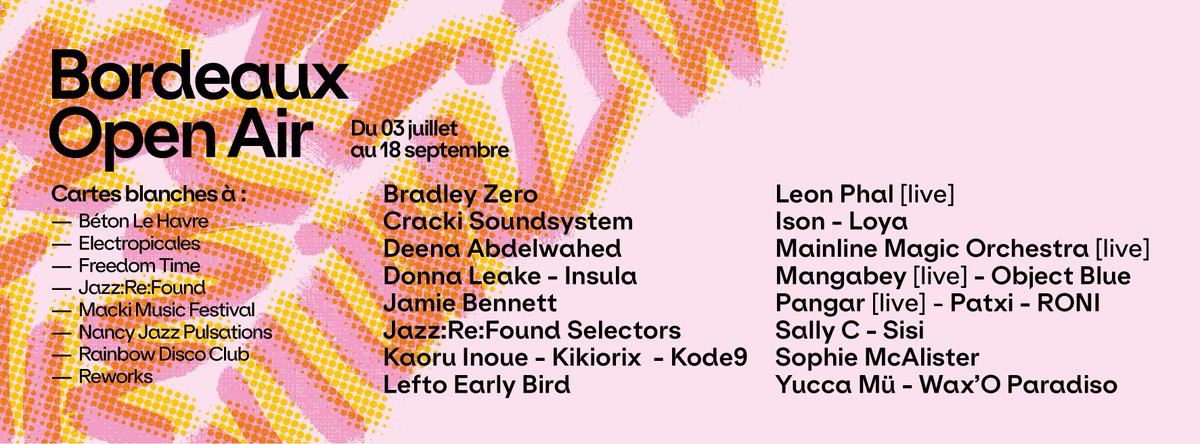 8 dates, 5 lieux, 8 festivals invités et 25 artistes internationaux : bienvenue dans notre Bordeaux Open Air 2022 !
Retrouvez toutes les infos sur notre site web !

#bordeauxopenair #festival #music #bordeaux #musicfestival