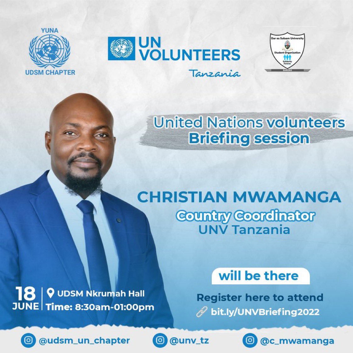 UNVTanzania's tweet photo. We will be honored to facilitate the #UNVBriefing Session happening this Saturday at University of Dar es Salaam (UDSM), Nkrumah Hall.

This is your opportunity to get all the information you need to
#BecomeaUNVolunteer

Get your free ticket: https://t.co/CpCiN2W0sw

@c_mwamanga https://t.co/AOFQgwXc4l