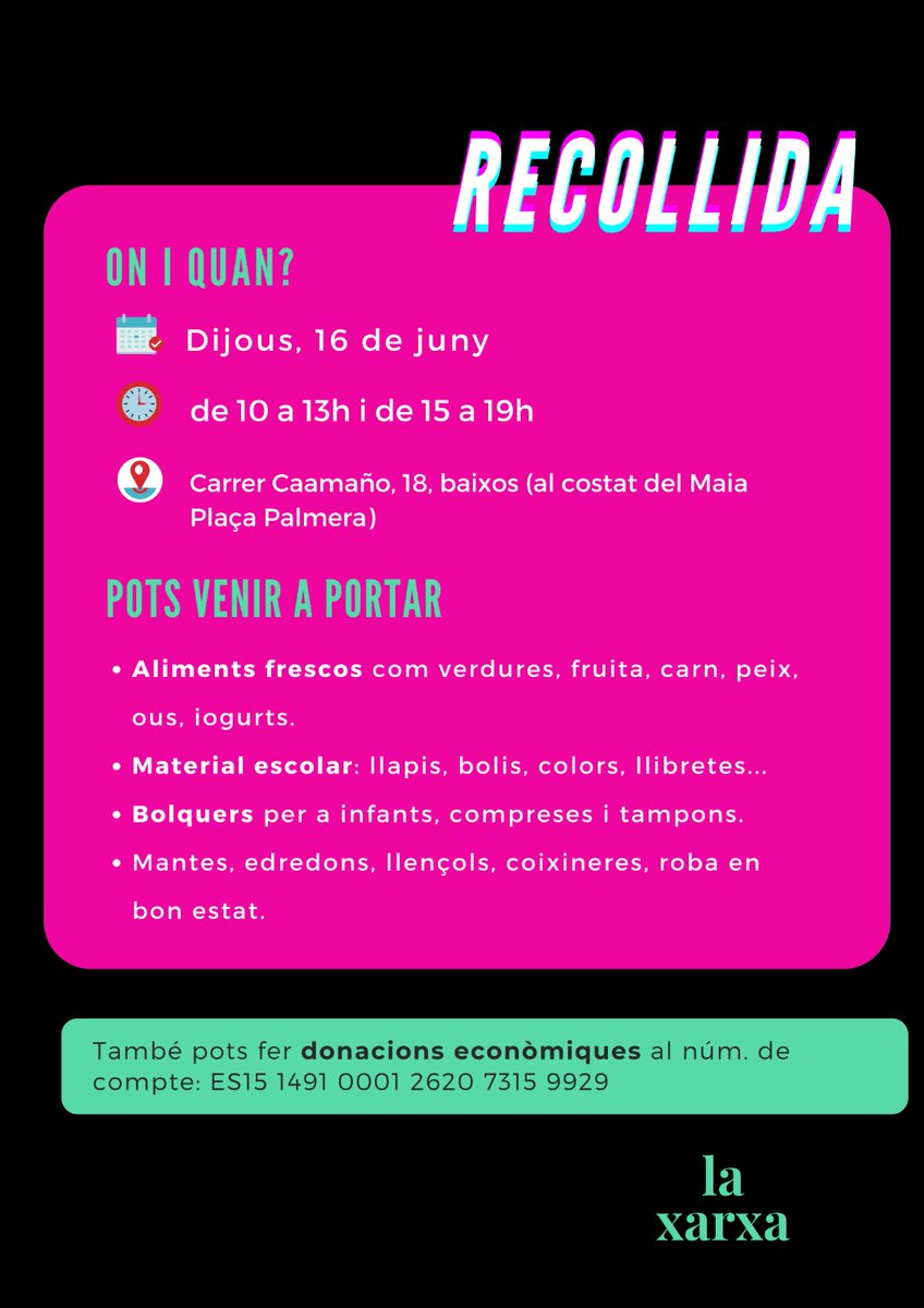 Aquest proper dijous tenim una nova recollida a La Xarxa. Pots venir a portar aliments, material escolar, roba, roba de casa, bolquers, compreses i tampons.
Activem la solidaritat i el suport mutu veïnal!
#suportlocal #ramblafigueres #roses #llançà #emporiabrava #portbou #girona