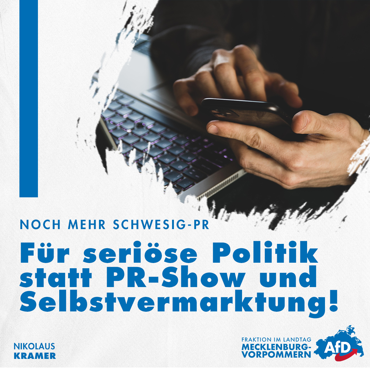 AfDFraktion_MV's tweet photo. +++ Neue Stellen für #Schwesig|s PR-Show: Bunte Bilder statt Inhalte +++

Nikolaus #Kramer: "Geht es um ihre PR-Show und Selbstvermarktung, sind keine Kosten hoch genug" https://t.co/VIlq37Umhk #AfD #LandtagMV #ltmv #MPin #PR #Socialmedia #MV #mvtutgut https://t.co/0wV8f6YCGo