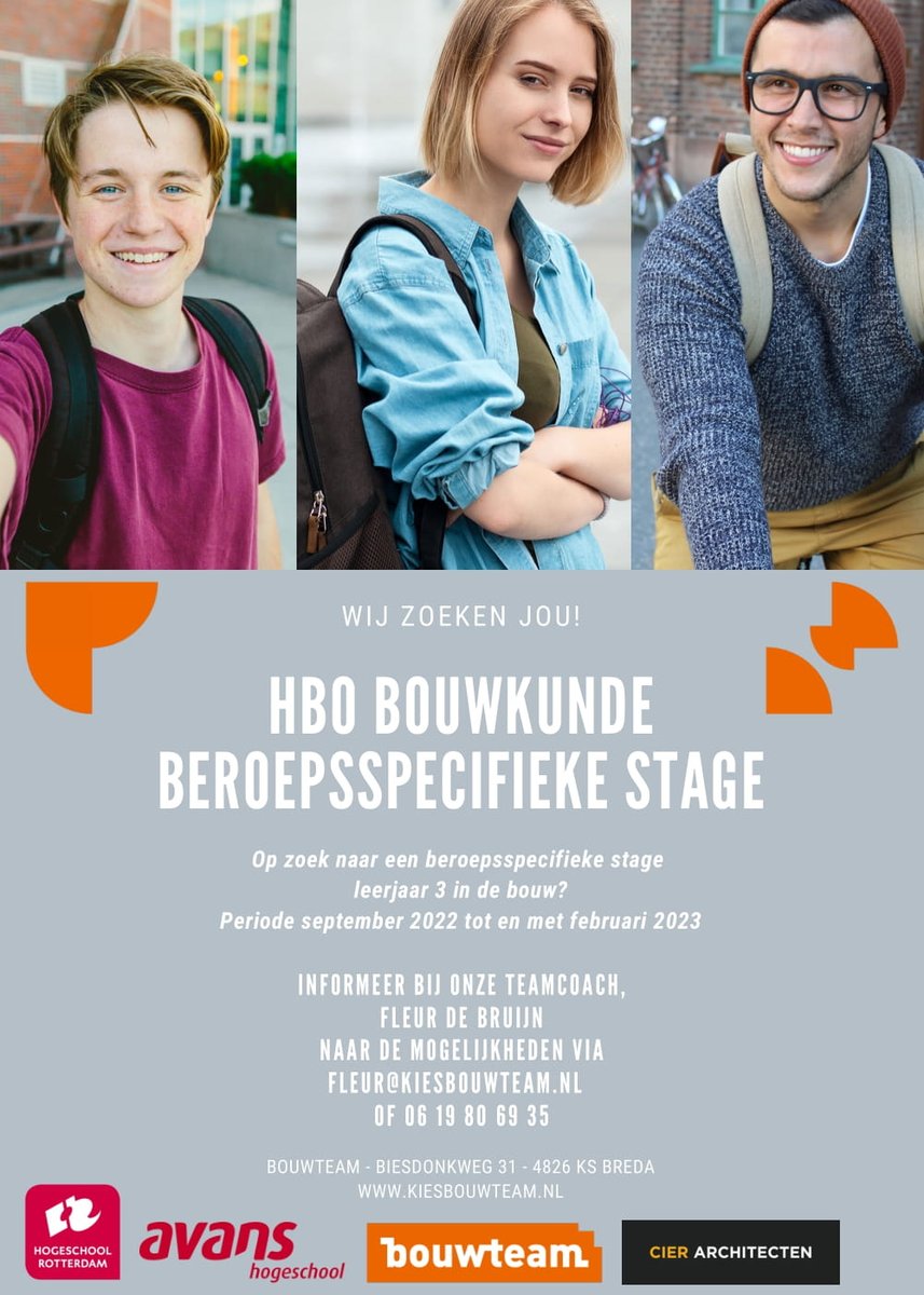BEROEPSSPECIFIEKE STAGE!
Ben je op zoek naar een beroepsspecifieke stage in de bouw en student in leerjaar 3? Bouwteam kan jou helpen! Meer informatie kiesbouwteam.nl!

Avans Hogeschool,  Hogeschool Rotterdam,  BouwSchool Breda
#hbo #bouwkunde #architectuur #stage