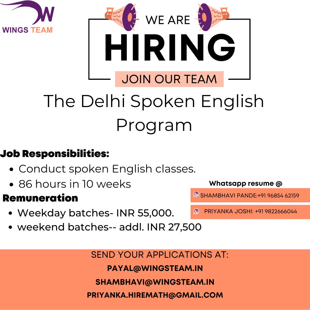wingsteam2011's tweet photo. Wings Team is hiring trainers for 'The Delhi Spoken English Program.' https://t.co/MjJbJJmfYs
