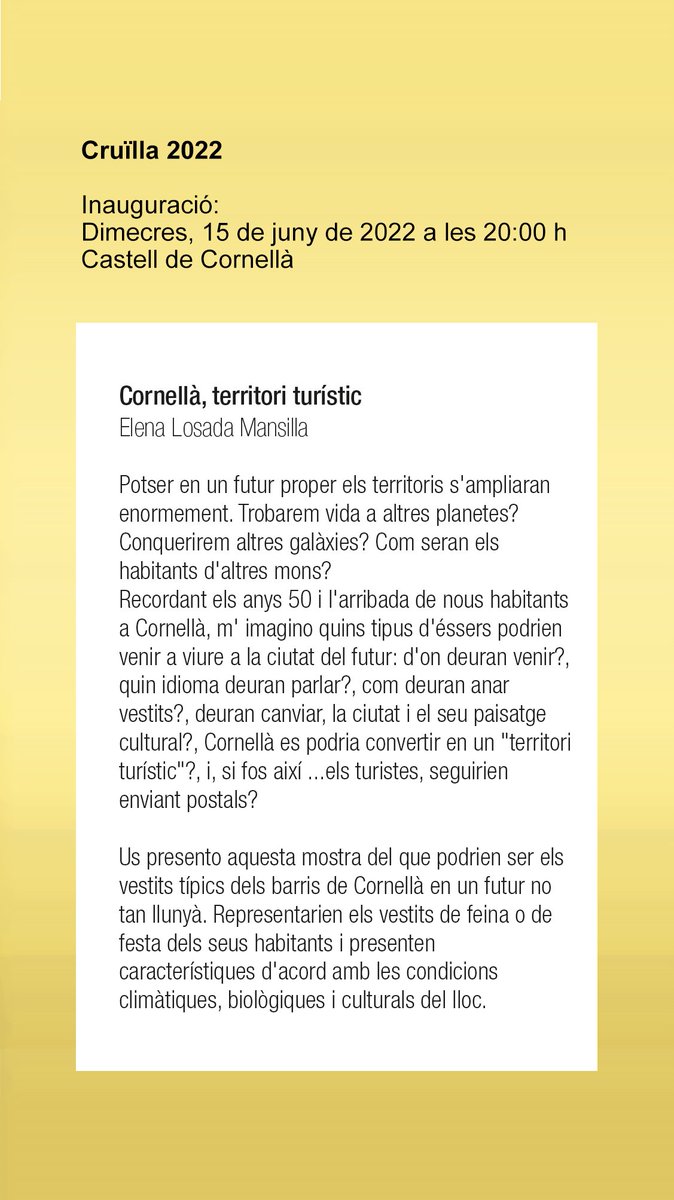 elenalosada's tweet photo. Participo amb "Cornellà,territori turístic" a l'exposició col•lectiva Cornellà Cruïlla '22. 
Inauguració: Dimecres, 15 de juny a les 20 h al Castell de Cornellà. https://t.co/MLPfOCz1d3