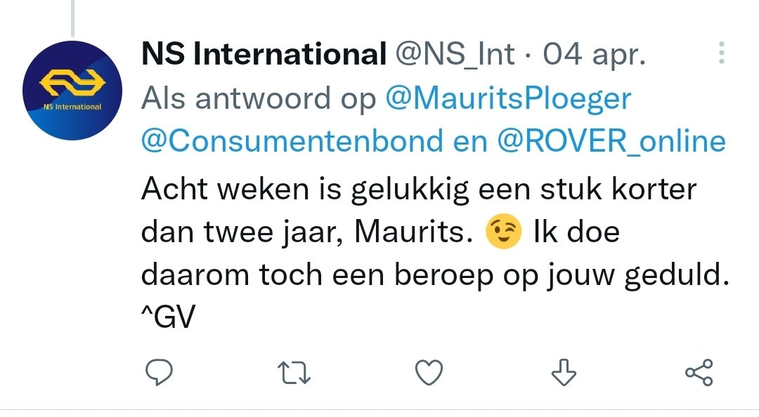 MauritsPloeger's tweet photo. @NS_Int Top klantenservice van NS! 
Ben ondertussen al 10 weken geduldig aan het wachten, wat maar 8 weken zou duren. Ook een bevestigingsmail gehad met dat ze binnen 5 dagen zouden antwoorden nooit wat gehoord. Is dit gewoon jullie manier om
@ROVER_online @Consumentenbond https://t.co/eFypvubh9Z