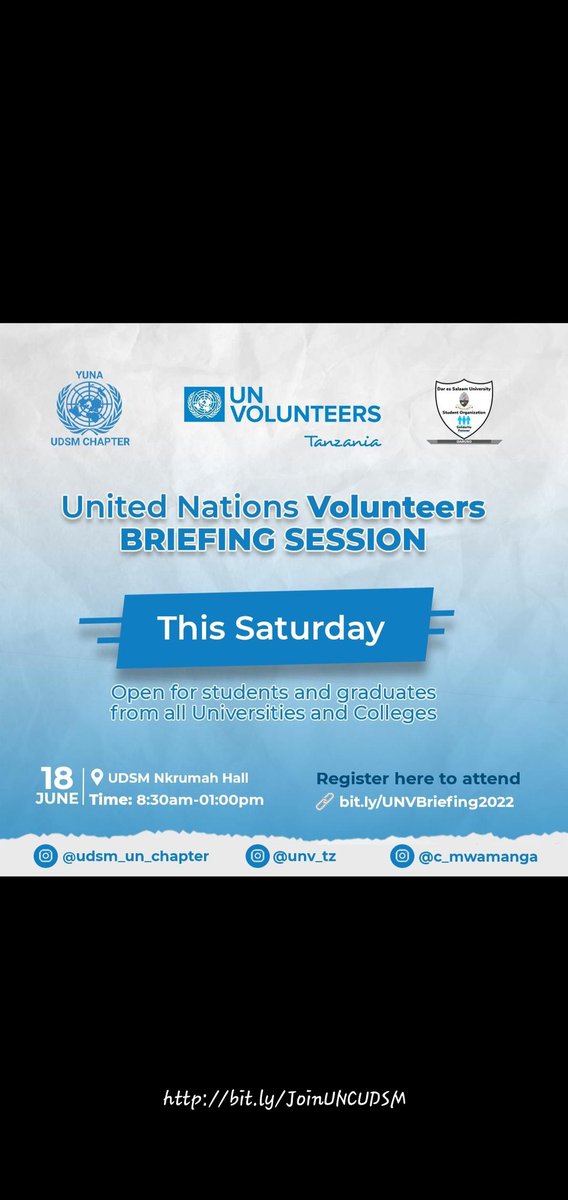 YUNA_Tanzania's tweet photo. Yuna Tanzania through @udsm_un_chapter partnering @unv_tz is bringing university graduates and students closer to the united nations this weekend 18th June 2022 at the UNIVERSITY OF DAR ES SALAAM, NKURUMAH HALL. Here is your chance to understand the work of UNITED NATIONS. https://t.co/maFJiLTJF4