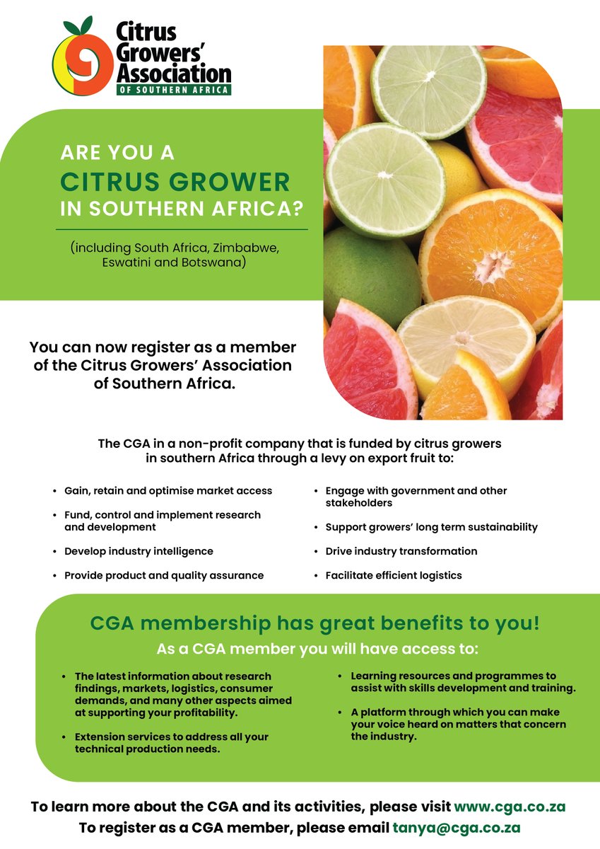 Are you a citrus grower in southern Africa (including South Africa, Zimbabwe, Eswatini and Botswana)? Register and become a member of the Citrus Growers' Association of Southern Africa!

Visit cga.co.za or email tanya@cga.co.za. 
#GoTeamCitrus