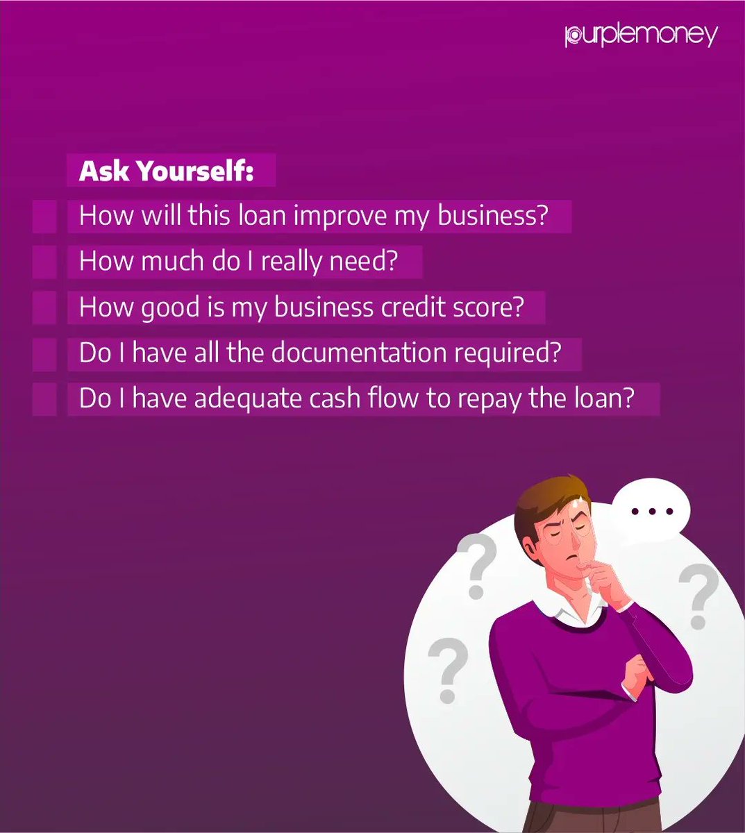 PurplemoneyM's tweet photo. Ask Yourself:

How will this loan improve my business?

How much do I really need?

How good is my business credit score?

Do I have all the documentation required?

Do I have the adequate cash flow to repay the loan?

#loans #businessloans #workingcapital https://t.co/Ch7yXSTEy6
