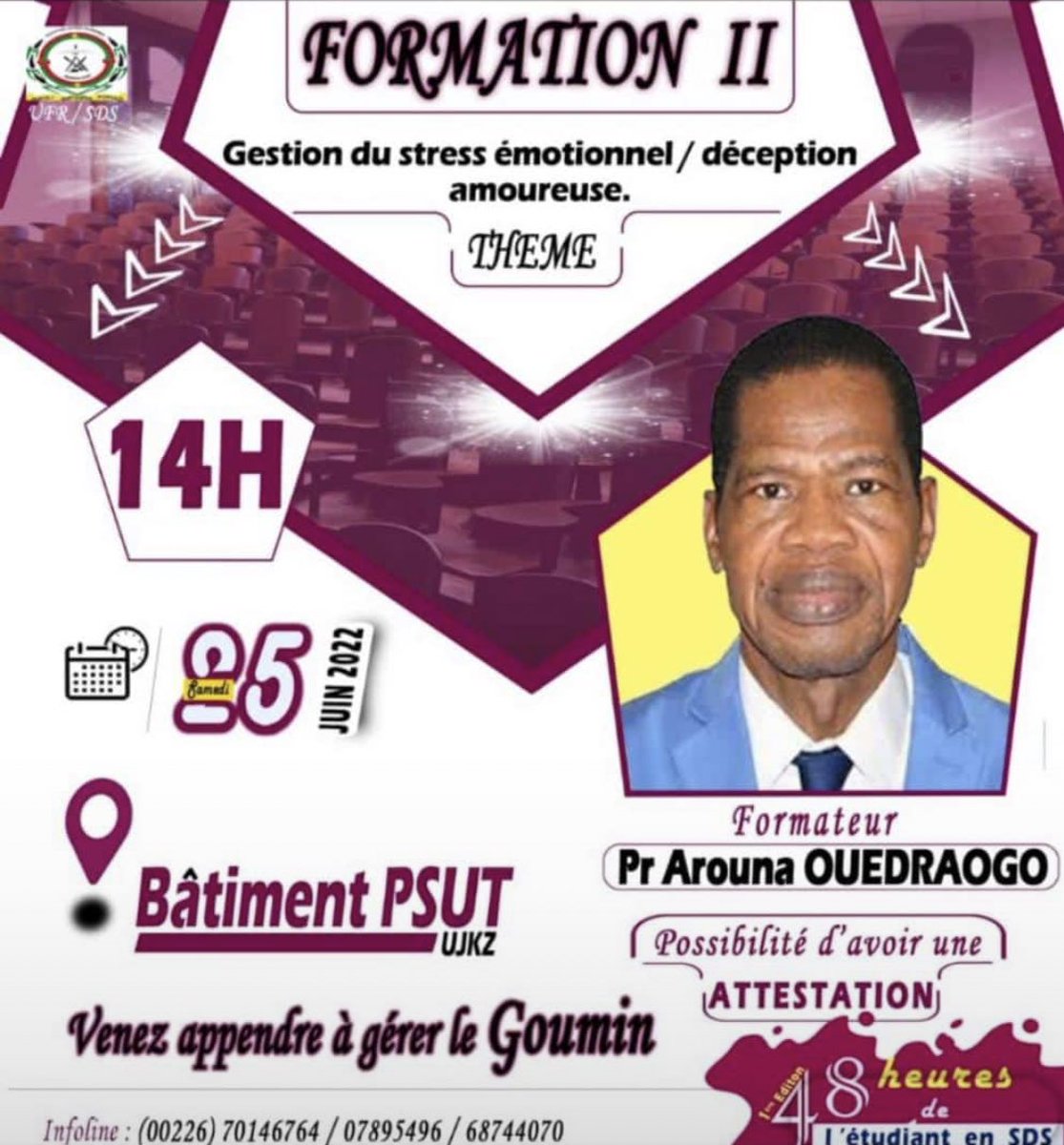 WilliamTaps's tweet photo. Cette salle sera pleine..et nous serons de la partie pour écouter Pr Arouna Ouedraogo notre professeur titulaire en psychiatrie. N’hésitez surtout pas!! La santé mentale est un problème majeur de santé publique. https://t.co/aF2VcRwMbU