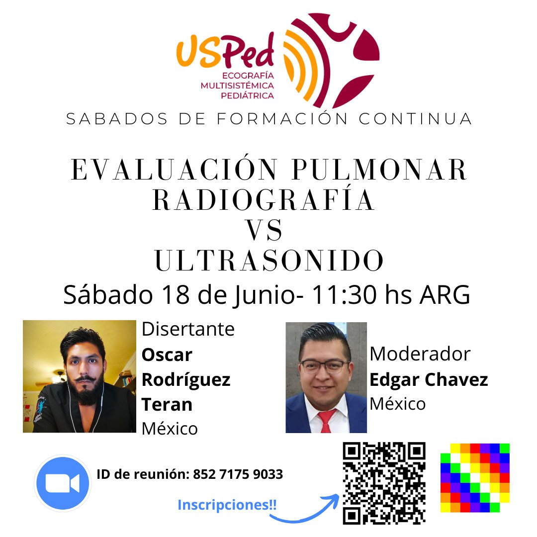 USPed_Latam's tweet image. Sábados de POCUS:
Tema: Evaluación Pulmonar "Radiografía vs Ultrasonido" #POCUS
Justifica, mejora. 🔊🫁

Ponente: Óscar Rodríguez @CardioCaribeMx🇲🇽
Coordinador: @Cafecito_Ranks #PedsICU🇲🇽

Sábado 18, Junio:
🇧🇷🇨🇱🇵🇾🇺🇾 11:30
🇧🇴🇨🇺🇻🇪 10:30
🇨🇴🇪🇨🇲🇽🇵🇪 09:30
🇭🇳 08:30

¡Insonar Juntos! 🙌