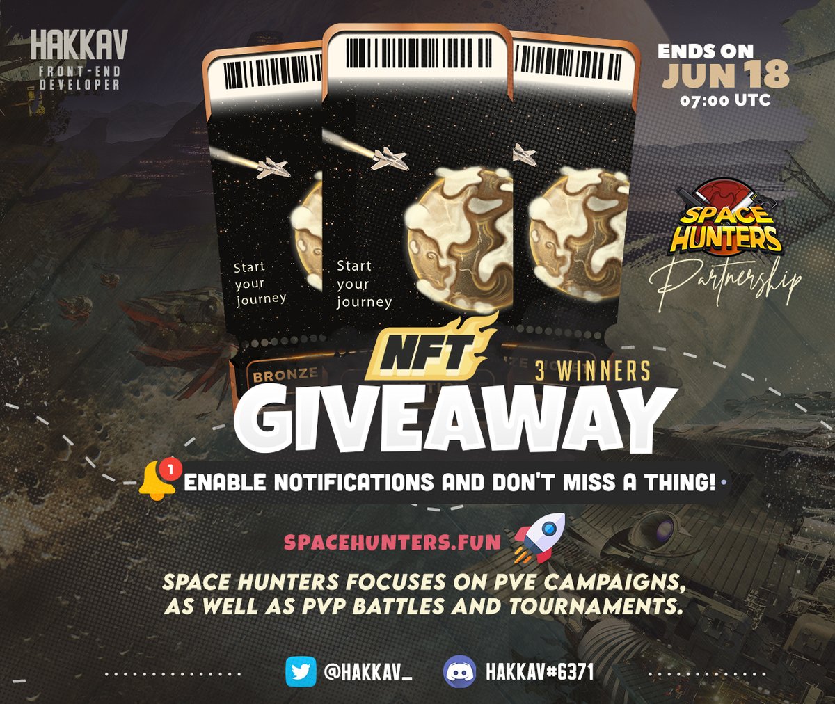 NFT GIVEAWAY: SpaceHunters🎉
1️⃣Follow <a href="/hakkav_/">Hakkav</a>&amp; <a href="/SpaceHunters_/">Space Hunters</a>
2️⃣Like, retweet and comment tagging +3 friends.
3️⃣Join discord.gg/RcWX2342
🗓️Ends 18/06 07:UTC

Participate now, good luck!🦁#NFTCommunity #NFTGiveaway #WAXP #NFTProjects #NFTdrop #NFTcollectors #SolanaNFT #NFTArt