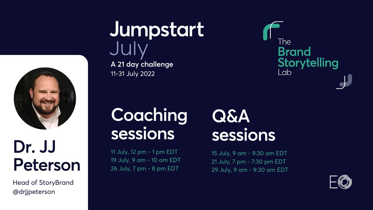 EntrepreneurOrg's tweet photo. Are you looking to create and implement a clear messaging plan for your business? Join The Brand Storytelling Lab at #JumpstartJuly and learn from the Head of StoryBrand himself, @DrJJPeterson.

https://t.co/8fRjXo07Ag https://t.co/B6qQGGcgOk