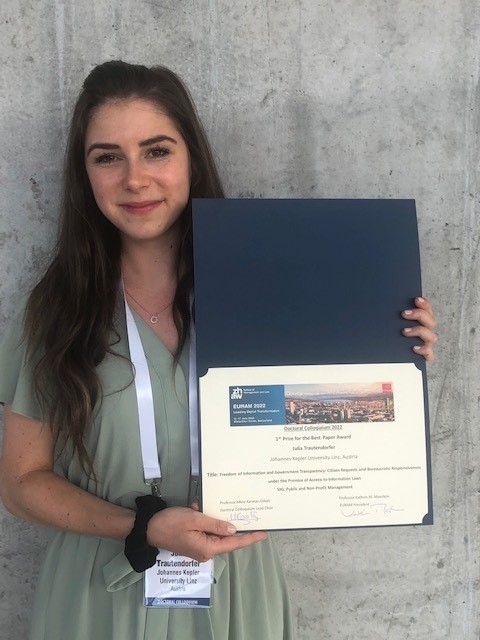 EURAM (@euram_bxl) on Twitter photo #EURAM2022: Doctoral Colloquium Best Paper Awards 1st Prize: Julia Trautendorfer <a href="/jkulinz/">JKU - Johannes Kepler Universität Linz</a> "Freedom of Information & Government Transparency: Citizen Requests & Bureaucratic Responsiveness under Premise of Access-to-Information Laws. SIG Public&Non-Profit Management". Congrats!/NP #EURAM2022: Doctoral Colloquium Best Paper Awards 1st Prize: Julia Trautendorfer <a href="/jkulinz/">JKU - Johannes Kepler Universität Linz</a> "Freedom of Information & Government Transparency: Citizen Requests & Bureaucratic Responsiveness under Premise of Access-to-Information Laws. SIG Public&Non-Profit Management". Congrats!/NP