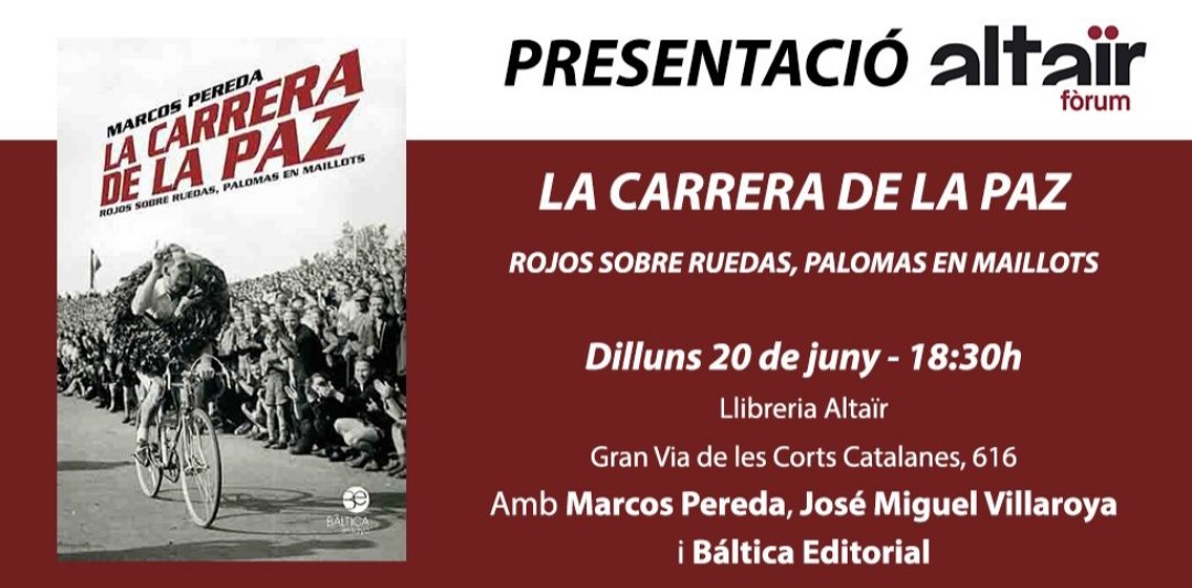 Amigos de Barcelona, amantes del ciclismo y de las buenas historias.  No os perdáis esta presentación del libro de <a href="/MarcosPereda2/">Marcos Pereda</a>, que charlará con <a href="/jmvillarroya/">jose mig villarroya</a>. 

Oriente versus Occidente, comunismo versus capitalismo, ciclismo amateur versus profesional... 
En <a href="/altairviatges/">Altaïr</a>