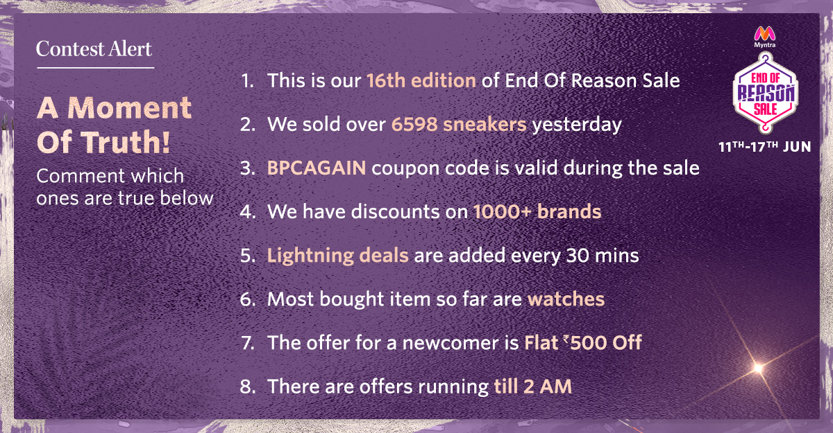myntra's tweet photo. Jis jhooth se koi #MyntraEORS Gamezone mein jeet sakta hai, woh jhooth, jhooth thodi hota hai! Tell us which of these statements are true &amp; 1 lucky winner takes home a Myntra Gift Voucher of Rs. 5K.
Use #BestBuysOnEORS #WinWithEORSGameZone
+ follow @myntra to qualify. https://t.co/zdqdlRQRBa
