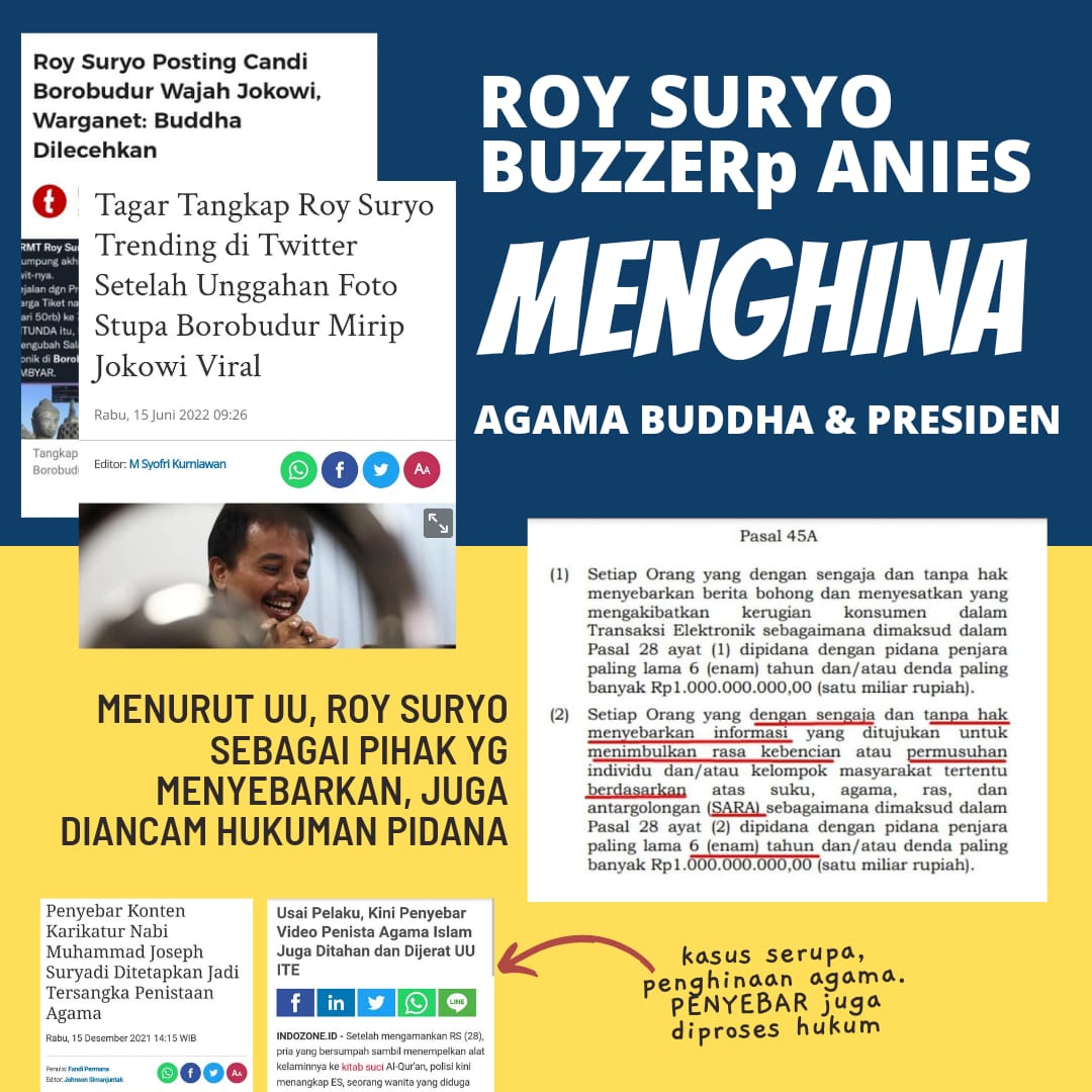 Si Panci sudah memenuhi syarat untuk dipidanakan, karena sudah menghina Presiden dan melecehkan Agama Budha. 

#TangkapRoySuryo