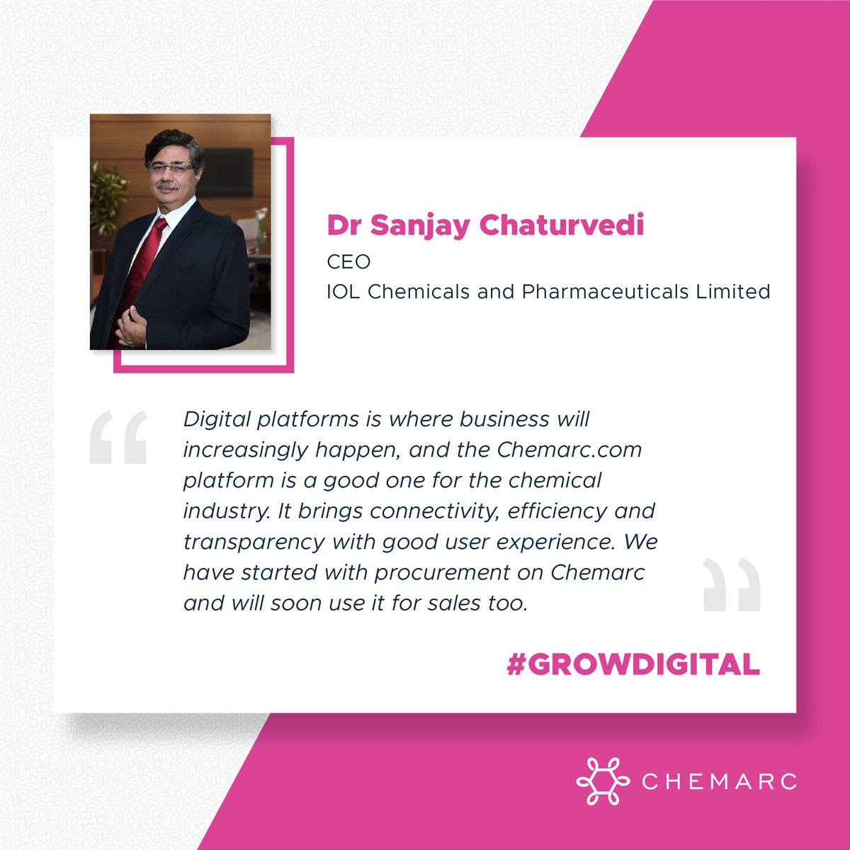chem_arc's tweet photo. IOL Chemicals and Pharmaceuticals have found their digital solution for procurement. And you?

Sign Up with https://t.co/mEV4oo15Wz today - set up your buying dashboard and start procurement online!

#ChemicalIndustry #BuySellChemicals #Chemarc #GoDigital #GrowDigital #B2B https://t.co/rrfvmql9XK