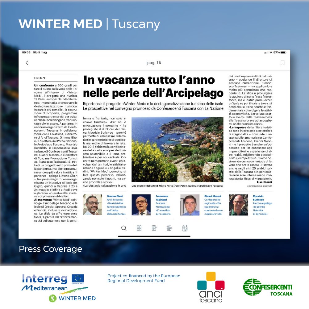 WINTER MED (@med_winter) on Twitter photo Round table event in #Tuscany gathering the directors of <a href="/AnciToscana/">Anci Toscana</a> , <a href="/isoletoscane/">parcoisoletoscane</a> , <a href="/redazioneTPT/">Toscana Promozione Turistica</a> , the Tourism Area Manager of <a href="/Confesercenti/">Confesercenti</a> to discuss the results of #WINTERMED and the path forward.
Visit 👉 winter-med.interreg-med.eu
#SustainableTourism
#YearRoundMed Round table event in #Tuscany gathering the directors of <a href="/AnciToscana/">Anci Toscana</a> , <a href="/isoletoscane/">parcoisoletoscane</a> , <a href="/redazioneTPT/">Toscana Promozione Turistica</a> , the Tourism Area Manager of <a href="/Confesercenti/">Confesercenti</a> to discuss the results of #WINTERMED and the path forward.
Visit 👉 winter-med.interreg-med.eu
#SustainableTourism
#YearRoundMed
