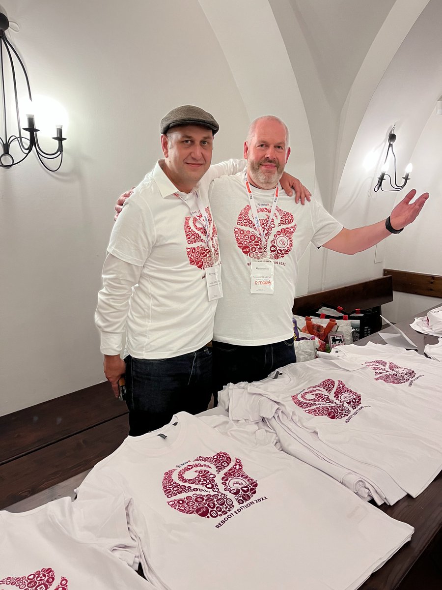 'Partners in crime' at the #xmlprague demojam @fdbnosql @adamretter. Please join us June 2023 at @MarkupUKorg conference. (Thanks @RachelTommasino for the picture)