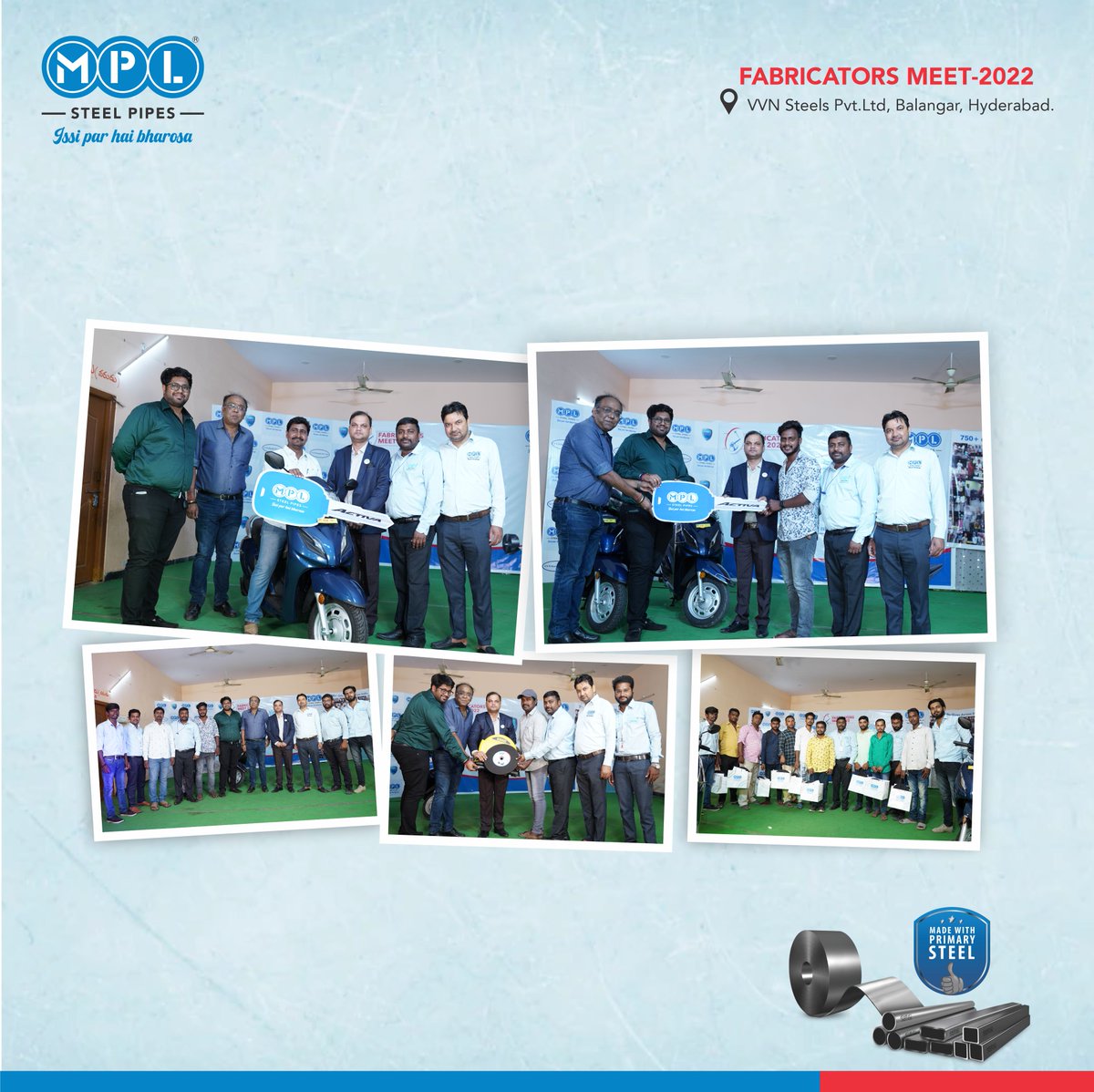 MPLGroup2's tweet photo. MPL Steel Pipes Team congratulates T Shiva Reddy from Sri Shiva Sai Welding Works and Sandhiri Jayasimha from JDBs Fab Tech on winning the Honda Activa Bike as a reward from us on purchasing from the MPL Dosti App.
#MPLDosti #MPLSteelPipes #IssiParHaiBharosa https://t.co/d8bCf0GRFq