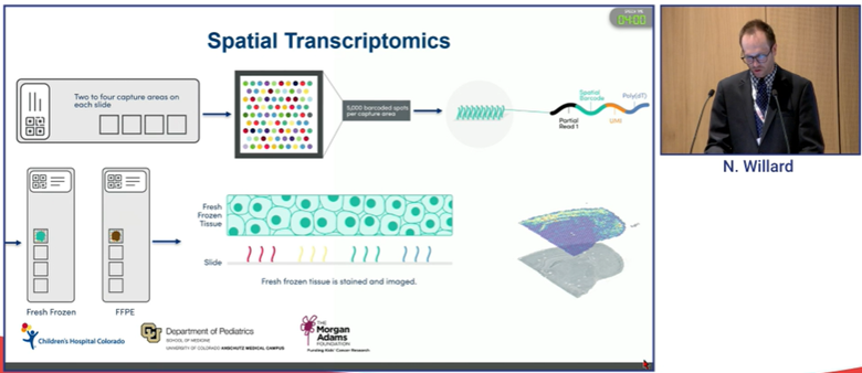 MorganAdamsFdn's tweet image. Nicholas Willard and Andy Donson presented in separate #ISPNO2022 sessions about spatial transcriptomics in medulloblastoma and ependymoma this morning. We are fortunate to have Visium platform in CO to advance knowledge of pediatric brain cancers alongside single-cell sequencing