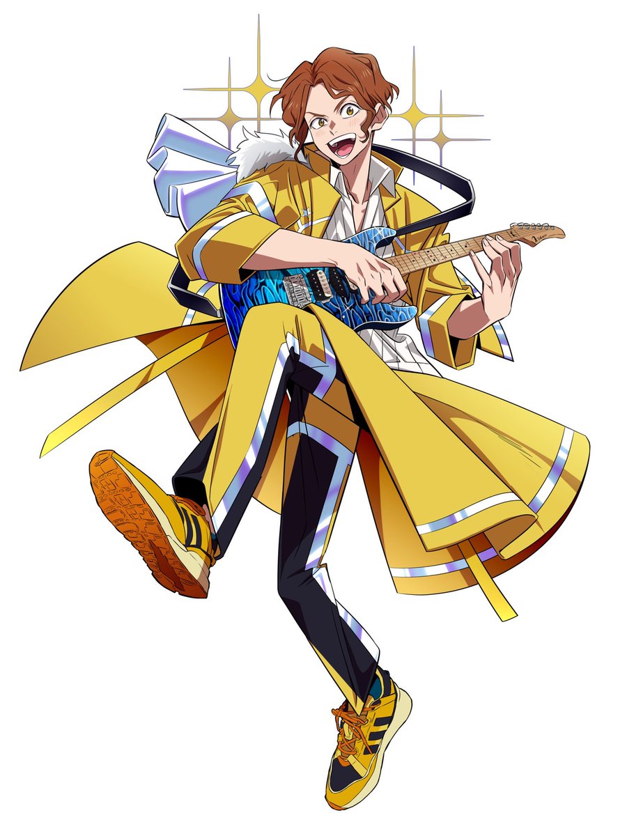 1boy male focus instrument guitar solo yellow footwear brown hair  illustration images