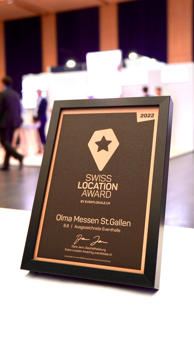 Die Olma Messen St.Gallen zählen erneut offiziell zu den besten Eventhallen der Schweiz und erhalten im Rahmen des Swiss Location Awards 2022 das Prädikat «ausgezeichnete Eventhalle». #swisslocationaward22 #olmamessen #events