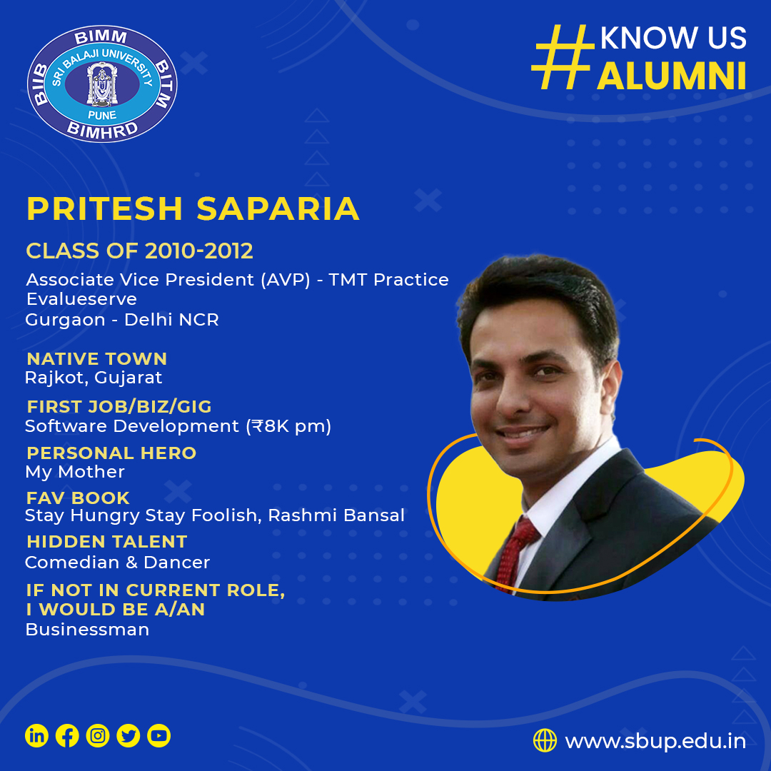 sbupune's tweet photo. #SBUPKnowUs Alumni
Pritesh Saparia
Class of 2010-2012
Associate Vice President (AVP) - TMT Practice
Evalueserve
Gurgaon - Delhi NCR
#sbup #sbupmba #mba #bschool #sbupknowus #sbupalumni #memories #peopleofsbup #humansofsbup #almamater #managementeducation #stories #alumni https://t.co/JU7mEPUlbk