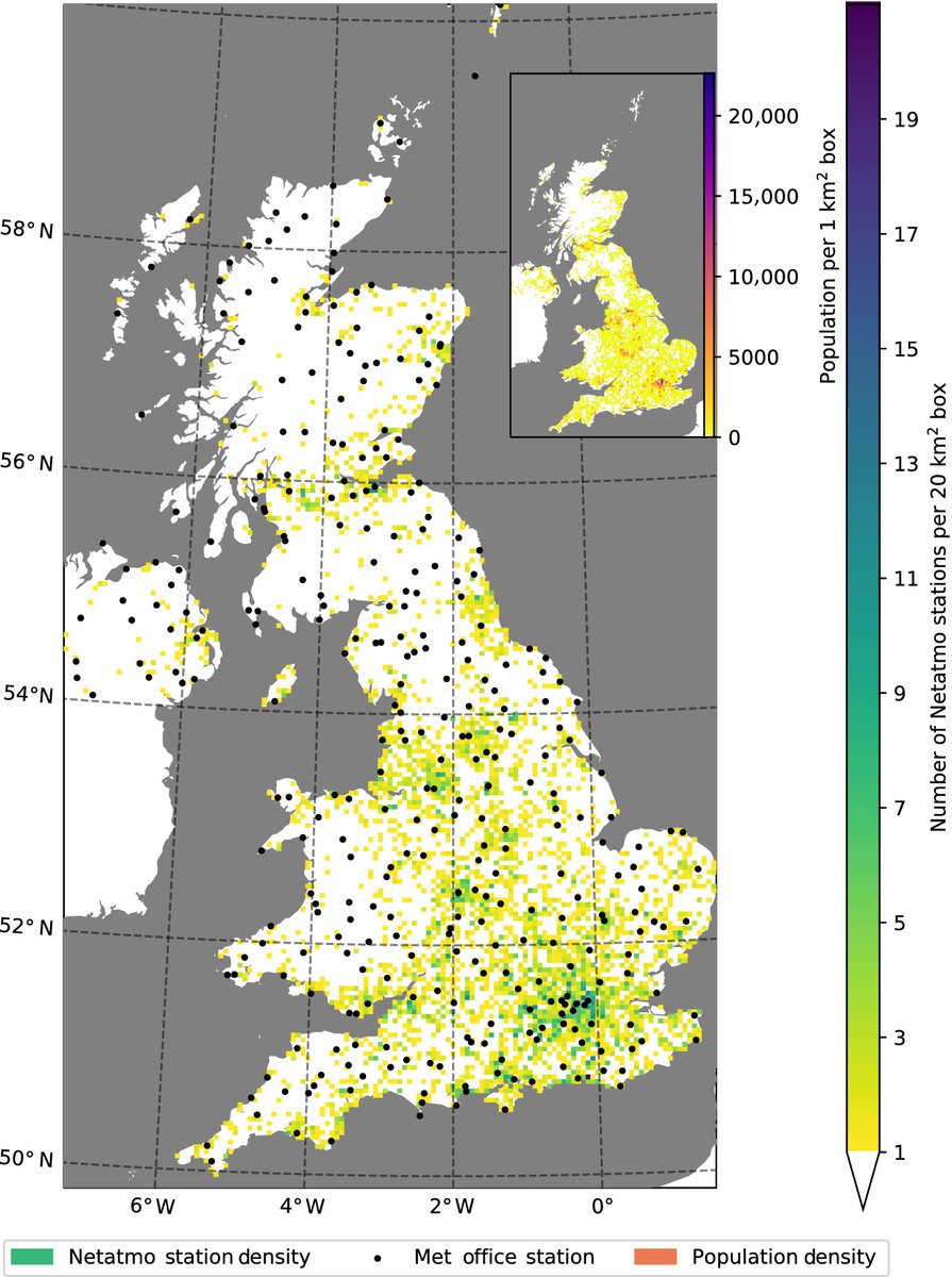 The coverage of 6098 #UK <a href="/Netatmo/">Netatmo</a> home weather stations sharing data vs. the <a href="/metoffice/">Met Office</a> network of 309 trusted weather stations (April 2020).

From @Jonathan_Coney's masters #research published in <a href="/RMetS/">Royal Meteorological Society</a> MetApps: doi.org/10.1002/met.20…

@ICASLeeds #crowdsourced <a href="/RMetS_MetObs/">RMetS Met Obs Group</a>
