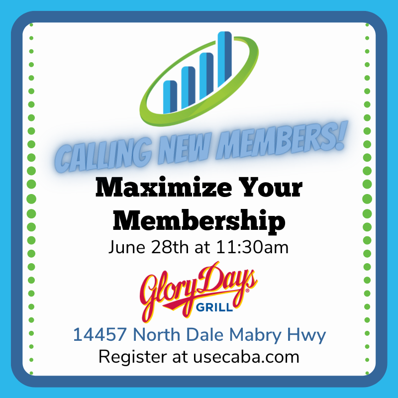 New to CABA and not sure how to make the most of your membership? Join us on June 28th for Maximize Your Membership to learn all of the tricks of the trade to ensuring your CABA membership works for you!
#CabaConnects #Membership #TampaNetworking