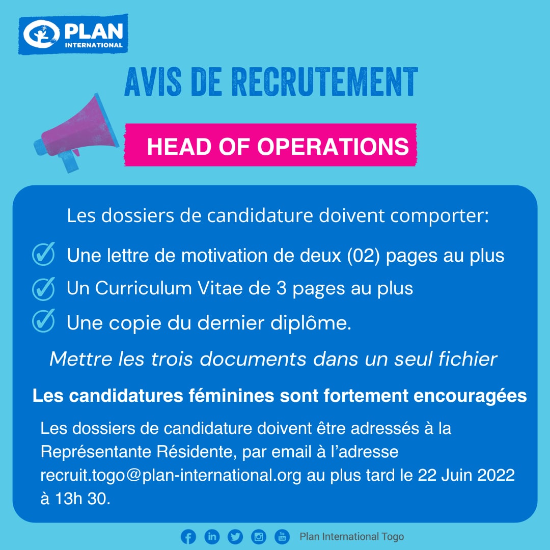 PlanIntTogo's tweet photo. 𝐀𝐕𝐈𝐒 𝐃𝐄 𝐑𝐄𝐂𝐑𝐔𝐓𝐄𝐌𝐄𝐍𝐓
@PlanIntTogo recrute un.e responsable des opérations.
Pour postuler en tant que Head of Operations, consultez ce lien : https://t.co/wgPQp8Mjvv
#JobAlert #Recrutement #TogoLeadsEquality #PlanInternationalTogo #TgTwittos #Job228 https://t.co/rdJb1IRwNm
