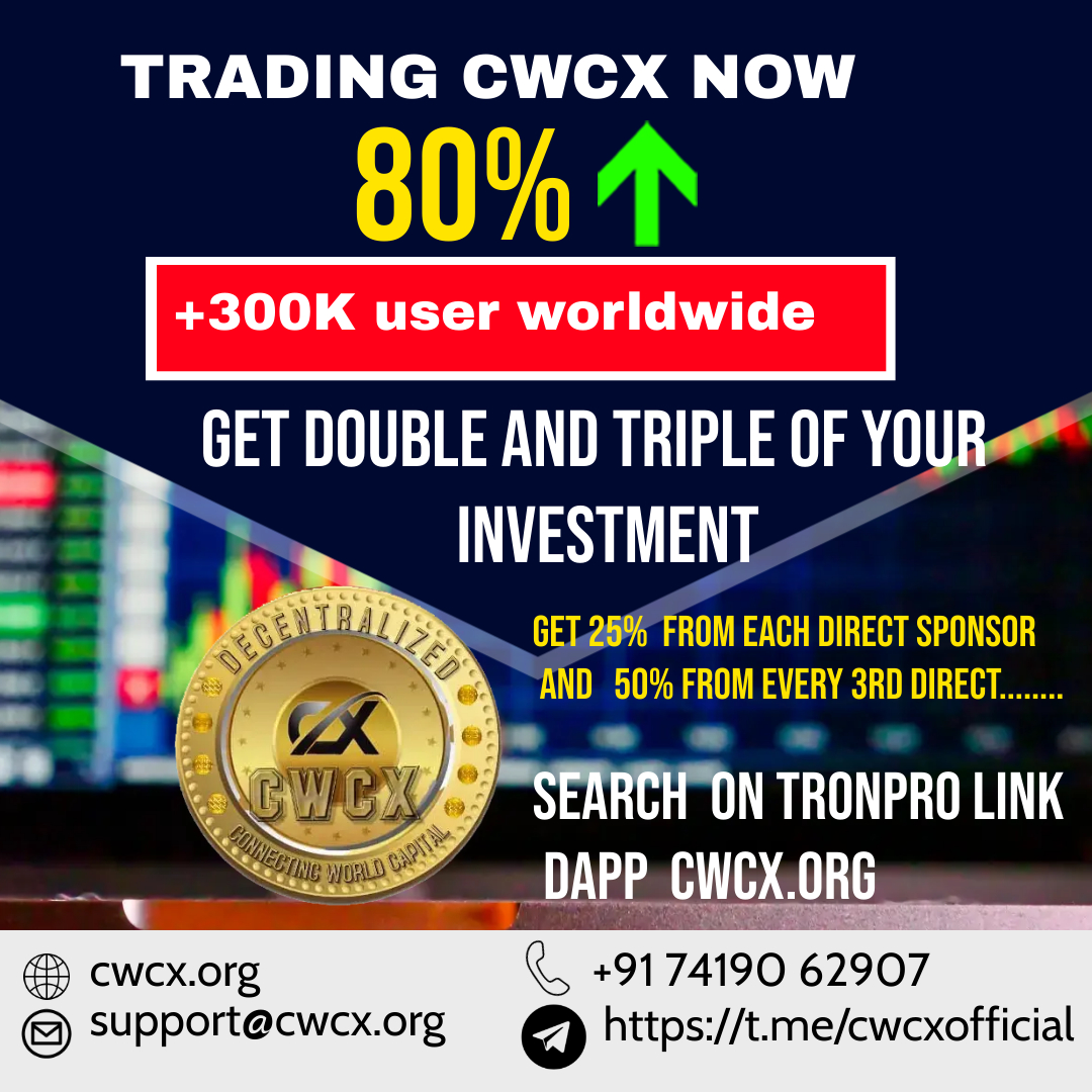 CWCX (Connecting World Capital )
We're thrilled to announce that CWCx is ready to buy. Go to cwcx.org to learn more about our token. How to buy it and how it can make your experience better than ever.

#cwcx  #cwcxtoken #connectingworldcapital  #cryptocurrency
