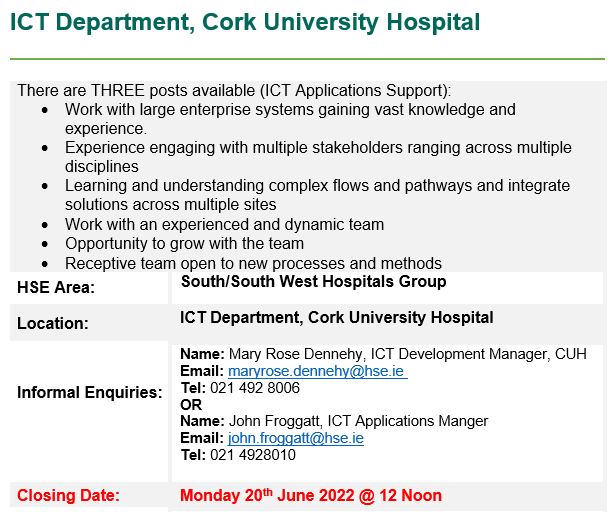 There is still time to apply to become part of the CUH ICT team. Click below image for details. Try the following link for full application form and job spec. rezoomo.com/job/32079/ 
Reach out to the contacts in the image for informal enquiries!
#jobfairy #opportunities #ICT