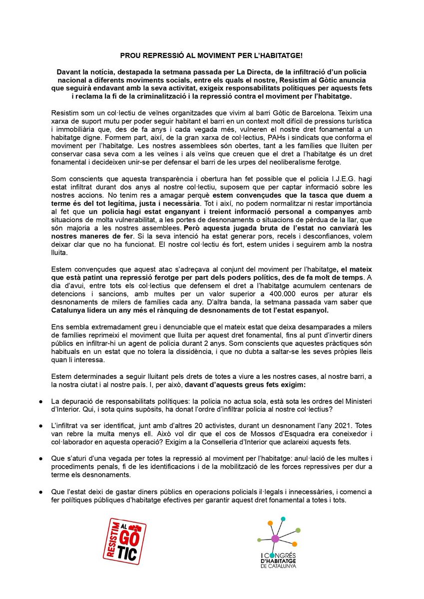 🔴 COMUNICAT🔴

Des del moviment per l'habitatge donem total suport a les companyes de <a href="/resistimalgotic/">Resistim al Gòtic</a> i fem una denúncia conjunta de la infiltració d'un PN a la seva assemblea i al conjunt del moviment.