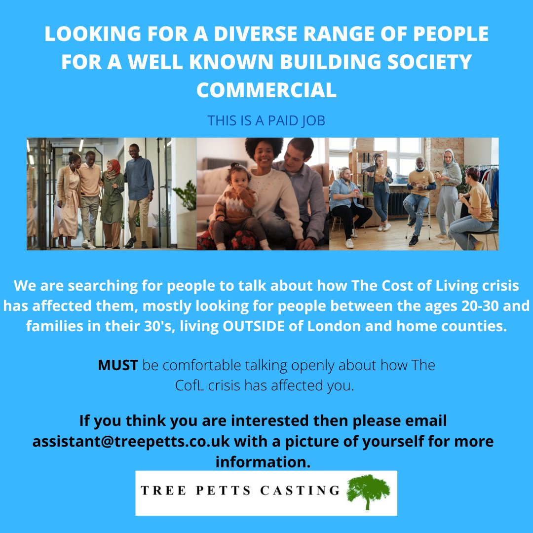 Looking for a diverse range of people for a well known building society commercial!

If you are interested then please email assistant@treepetts.co.uk for more information

#streetcasting #castingdirector #castinguk #castingcall #castingcalluk #castingdirectorsassociation