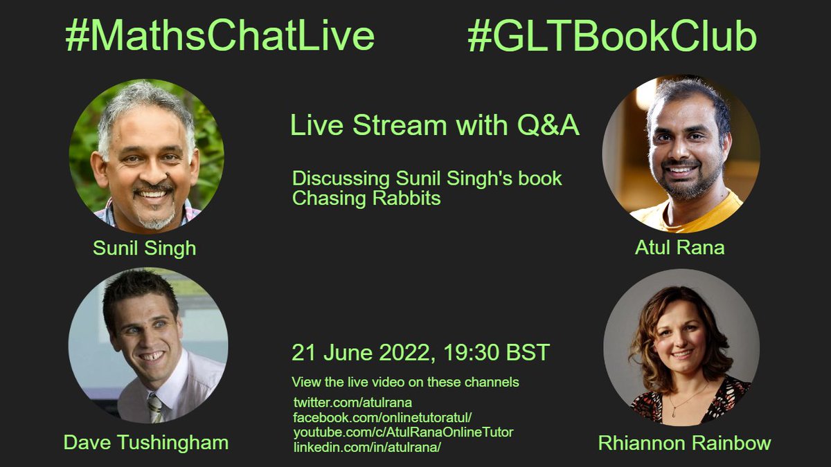 atulrana's tweet photo. It's back! #GLTBookClub and #MathsChatLive bring you @Mathgarden for a lively discussion around his book 'Chasing Rabbits'. With hosts @Noni_Rainbow @DaveTushingham and other guests.
See reply to this tweet on what a #MathsChatLive is, how to view it and ask questions. https://t.co/ITuUn6dO7G