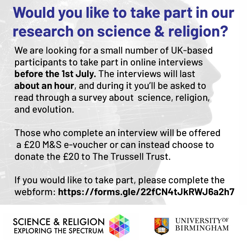 Do you live in the UK? Do you have a spare hour? Would you like to take part in our research on science &amp; religion?

If so, sign up via this link: forms.gle/22fCN4tJkRWJ6a…