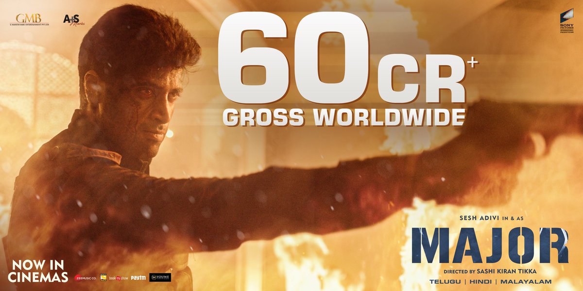 #MajorTheFilm 🇮🇳 Grosses 60 Cr worldwide and holding strong in all markets ❤️‍🔥

#IndiaLovesMajor 🇮🇳

@AdiviSesh @saieemmanjrekar #SobhitaD @SashiTikka @urstrulyMahesh @anuragmayreddy @SharathWhat @SonyPicsIndia @GMBents @AplusSMovies @ZeeMusicCompany