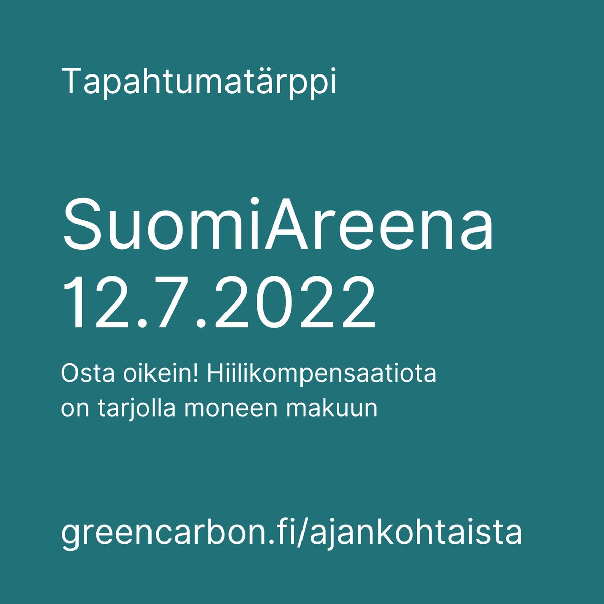 Kesäsuunnitelmat vielä hakusessa? Tässäpä tapahtumatärppi, jota ei kannata missata. Hiilensidonta ry järjestää SuomiAreenassa 12.7. keskustelutilaisuuden teemalla #hiilikompensaatio. Yhtenä puhujana Green Carbonin <a href="/MattiToivonen10/">Matti Toivonen</a>. 

Lue lisää greencarbon.fi/ajankohtaista
#SuomiAreena