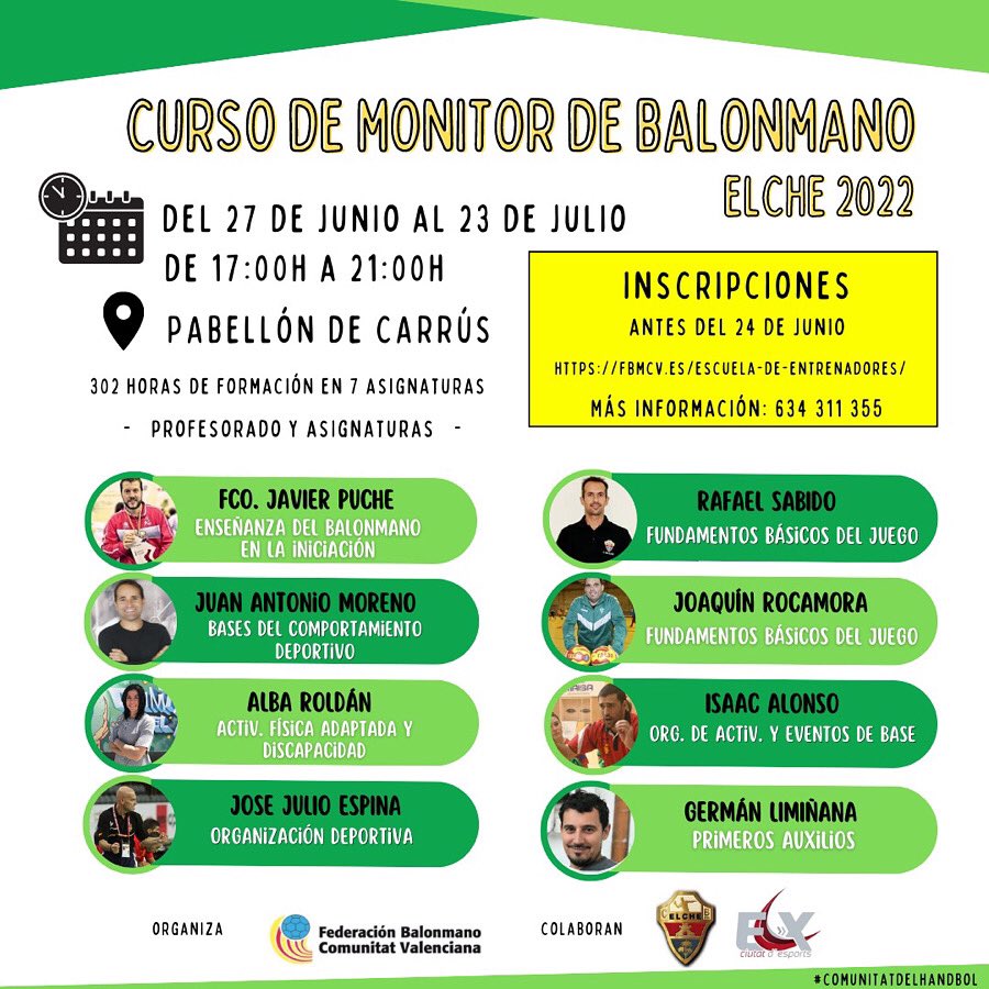 EscuelaCbmelche's tweet photo. ¿Quieres iniciarte como entrenador/a de balonmano? 🤩
“TÍTULO DE MONITOR/A DE PISTA, Nivel 1”.
Del 27 de Junio al 23 de Julio.
Elche. Polideportivo de Carrús.
Inscripción y toda la información del curso en la web de la @Fbmcv 
https://t.co/ZKrDwf4KEp
#balonmano #comunitatdesport https://t.co/xVXB5wG93M