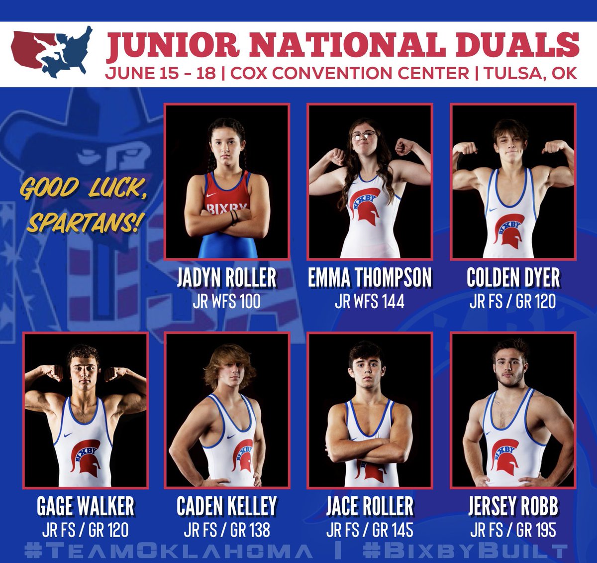 Bixby_Wrestling's tweet photo. Good luck to our 7️⃣ Spartans representing Team Oklahoma this week at the @USAWrestling Junior National Duals! 💪

📍: Tulsa, OK - Cox Conv. Center
🗓: June 15-18, 2022
⏰: https://t.co/gl867nnHzB
📊: @trackwrestling 
🖥: https://t.co/ugRaywph0D

#BixbyBuilt 🔴🔵 https://t.co/tiN73KKBU0