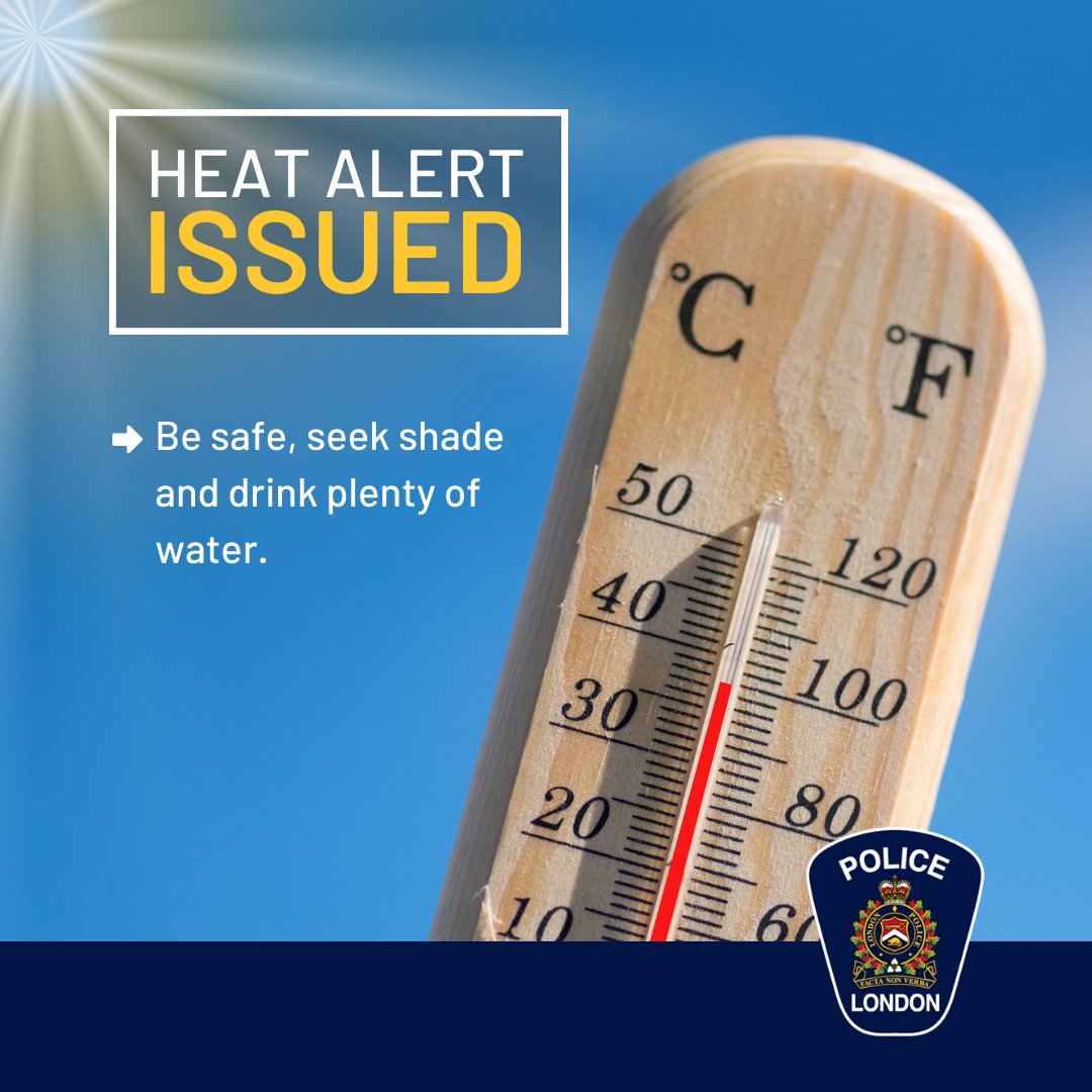 <a href="/environmentca/">Environment Canada</a> has issued a heat warning, #LdnOnt. ☀️Take extra care when going out. Seek shade, stay hydrated and take frequent breaks when working/playing outside. Temperatures are expected to feel close to 40°C. Be safe!