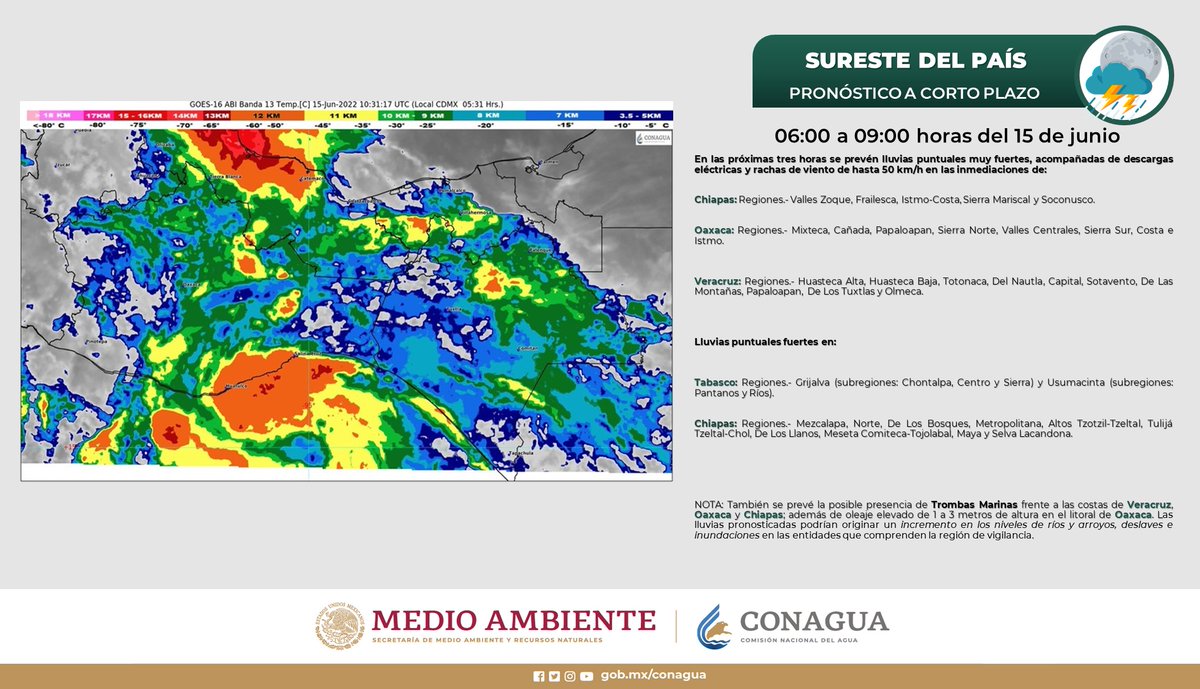 conagua_clima's tweet photo. En las próximas tres horas se prevén #Lluvias puntuales muy fuertes, acompañadas de #DescargasEléctricas con posible caída de #Granizo y #Rachas de #Viento de hasta 50 Km/h en las inmediaciones de: #Chiapas, #Oaxaca y #Veracruz.  #Lluvias puntuales fuertes en #Tabasco y #Chiapas. https://t.co/b1gVf10t23