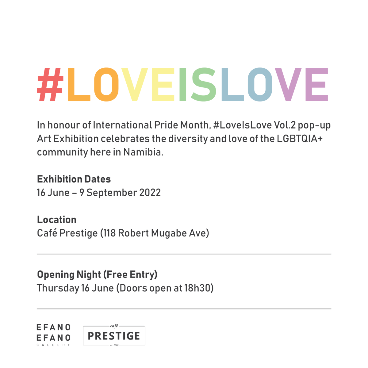 efanoefano's tweet photo. Join us tomorrow for the opening of the Love is Love Volume 2 exhibition at @cafeprestigena 
The exhibition is FREE for all.
Look forward to seeing you all there. https://t.co/rIF8fUk83T