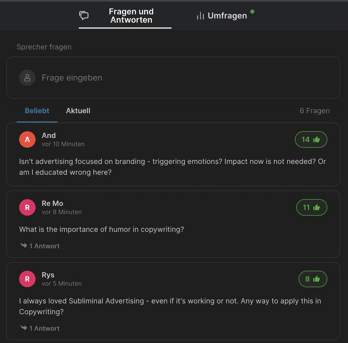 Slido is su much fun to play with at conferences. The top 3 questions were read to <a href="/HarrisonAmy/">Amy Harrison</a> by #GMS22 host <a href="/morys/">André Morys konversionsKRAFT</a> - but AndRe MoRys did you not spot the subliminal messaging and humour in this serie of questions? Anyhow: I had fun and I do believe the questions were valuable!