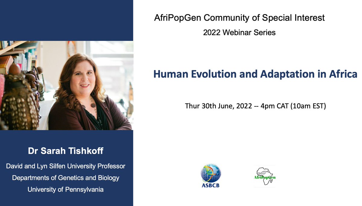 AfriPopGen (@afripopgen) on Twitter photo So excited to host <a href="/SarahTishkoff/">Dr. Sarah Tishkoff</a> from <a href="/PennMedicine/">Penn Medicine</a> <a href="/PennGGHE/">Penn Center for Global Genomics & Health Equity</a> for our next <a href="/asbcb1/">asbcb</a> <a href="/AfriPopGen/">AfriPopGen</a> webinar on June 30, 2022 at 4pm CAT (10am EST)!
Please register for the meeting link (first timers): bit.ly/3P0XuaB
<a href="/H3Africa/">Human Heredity and Health in Africa</a> <a href="/AfSHGenetics/">AfricanSocHumGenet</a> <a href="/iscbsc/">ISCB Student Council</a> <a href="/SAHumanGenetics/">Southern African society for Human Genetics—SASHG</a> So excited to host <a href="/SarahTishkoff/">Dr. Sarah Tishkoff</a> from <a href="/PennMedicine/">Penn Medicine</a> <a href="/PennGGHE/">Penn Center for Global Genomics & Health Equity</a> for our next <a href="/asbcb1/">asbcb</a> <a href="/AfriPopGen/">AfriPopGen</a> webinar on June 30, 2022 at 4pm CAT (10am EST)!
Please register for the meeting link (first timers): bit.ly/3P0XuaB
<a href="/H3Africa/">Human Heredity and Health in Africa</a> <a href="/AfSHGenetics/">AfricanSocHumGenet</a> <a href="/iscbsc/">ISCB Student Council</a> <a href="/SAHumanGenetics/">Southern African society for Human Genetics—SASHG</a>