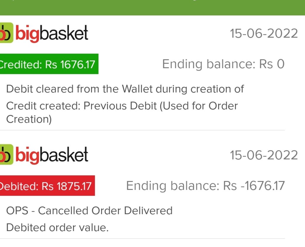 SeaFalcon7's tweet photo. @bigbasket_com Kindly check bbwallet. The entry for the cancelled order has been entered the wrong way though it was not delivered. https://t.co/czbyIL9LEn